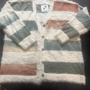 BNWT Women's Soft Boutique Striped Fuzzy Sweater - Cream, Gray, Orange